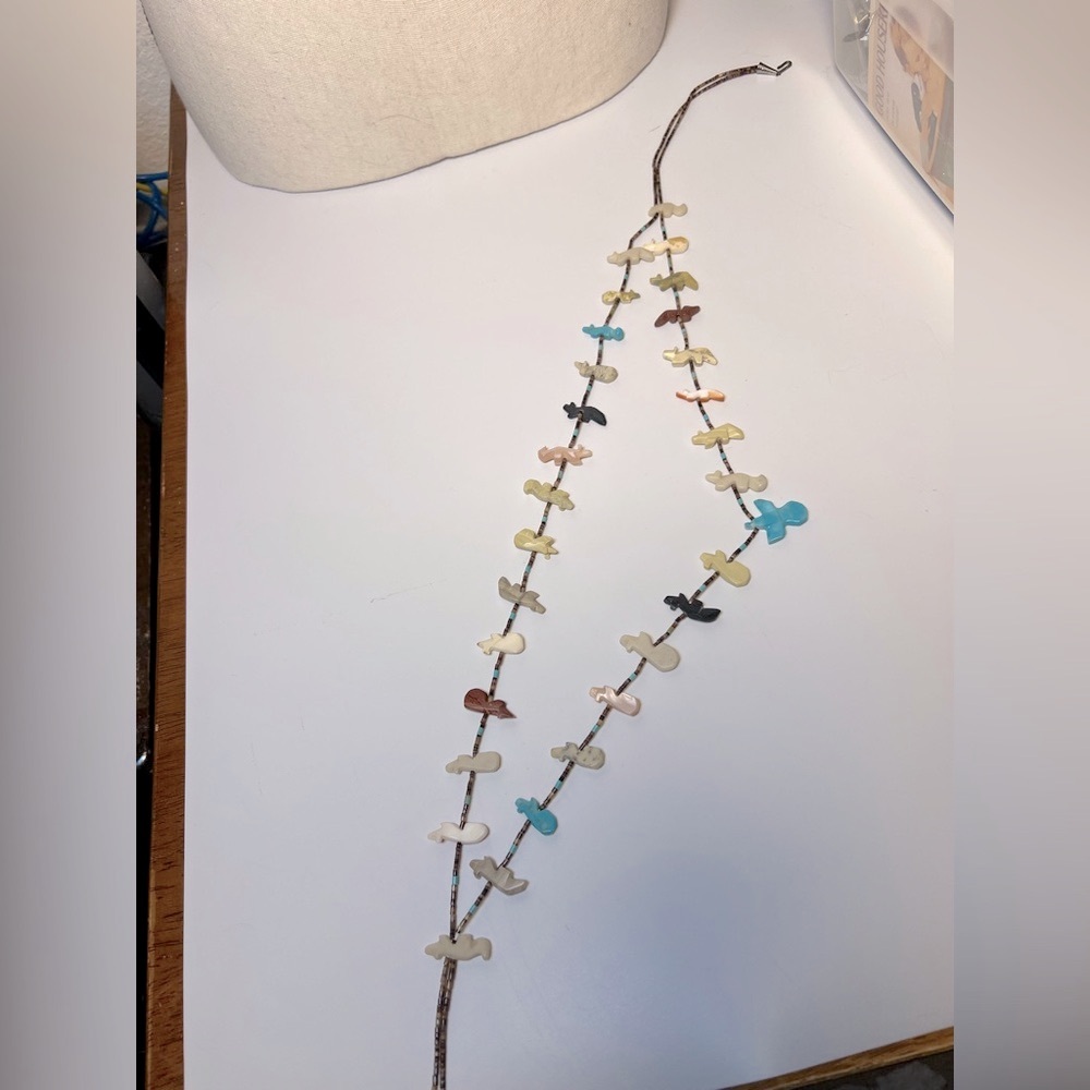 Zuni Native American Double Strand Heishe Bead Bird Fetish Necklace 30” - Picture 5 of 10